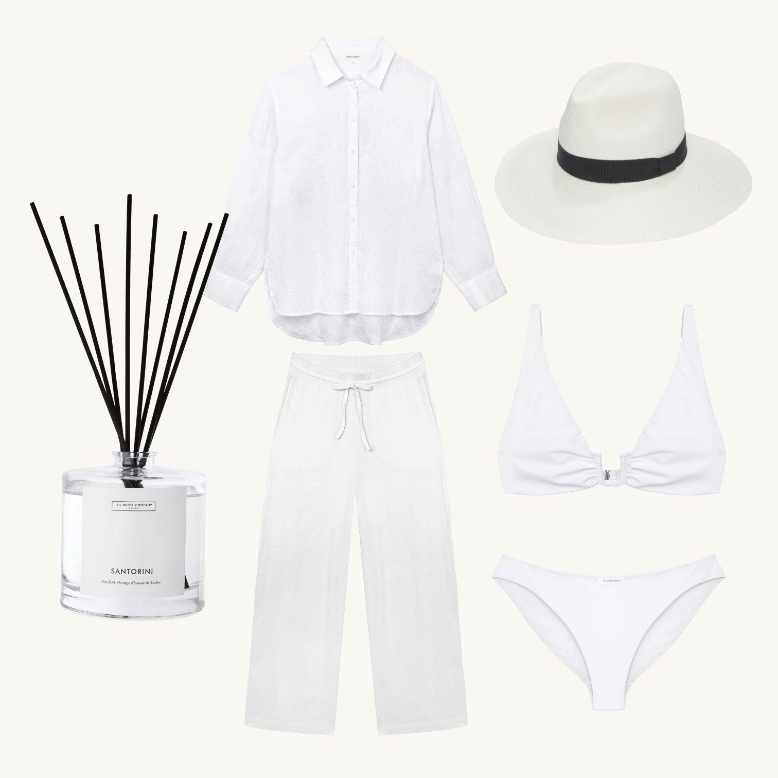 a white outfit with hat, white pants and white shoes